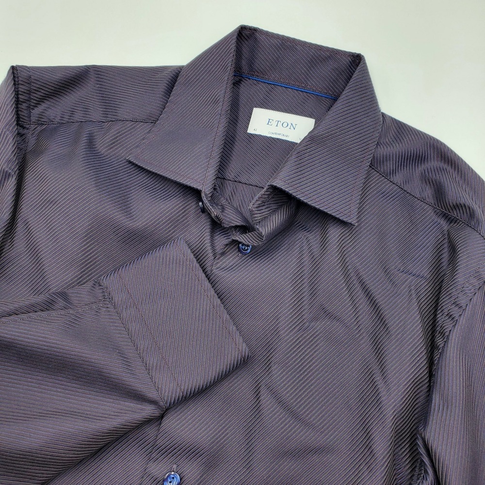 Eton Contemporary Fit Dress Shirt Mens 16.5 42 Navy Purple Twill Cotton L/S